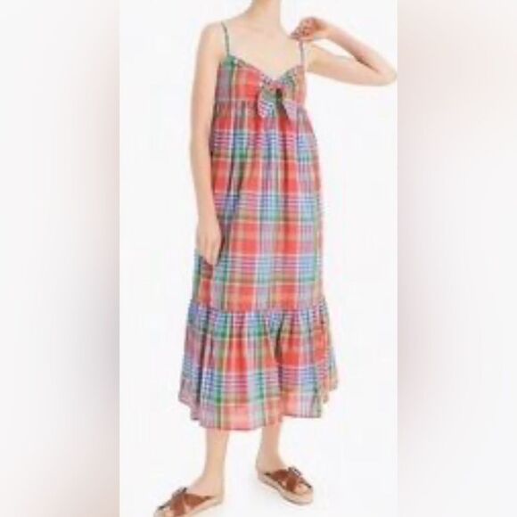 J Crew Plaid Maxi Dress tie front size M - Picture 2 of 15